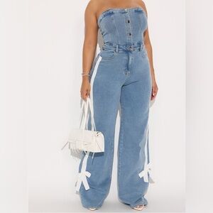 Denim Jumpsuit with White Bows